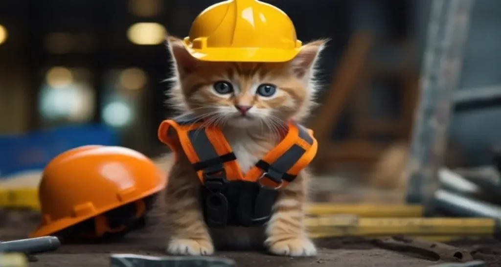 a kitten dressed as a builder at a construction site with safety helmet